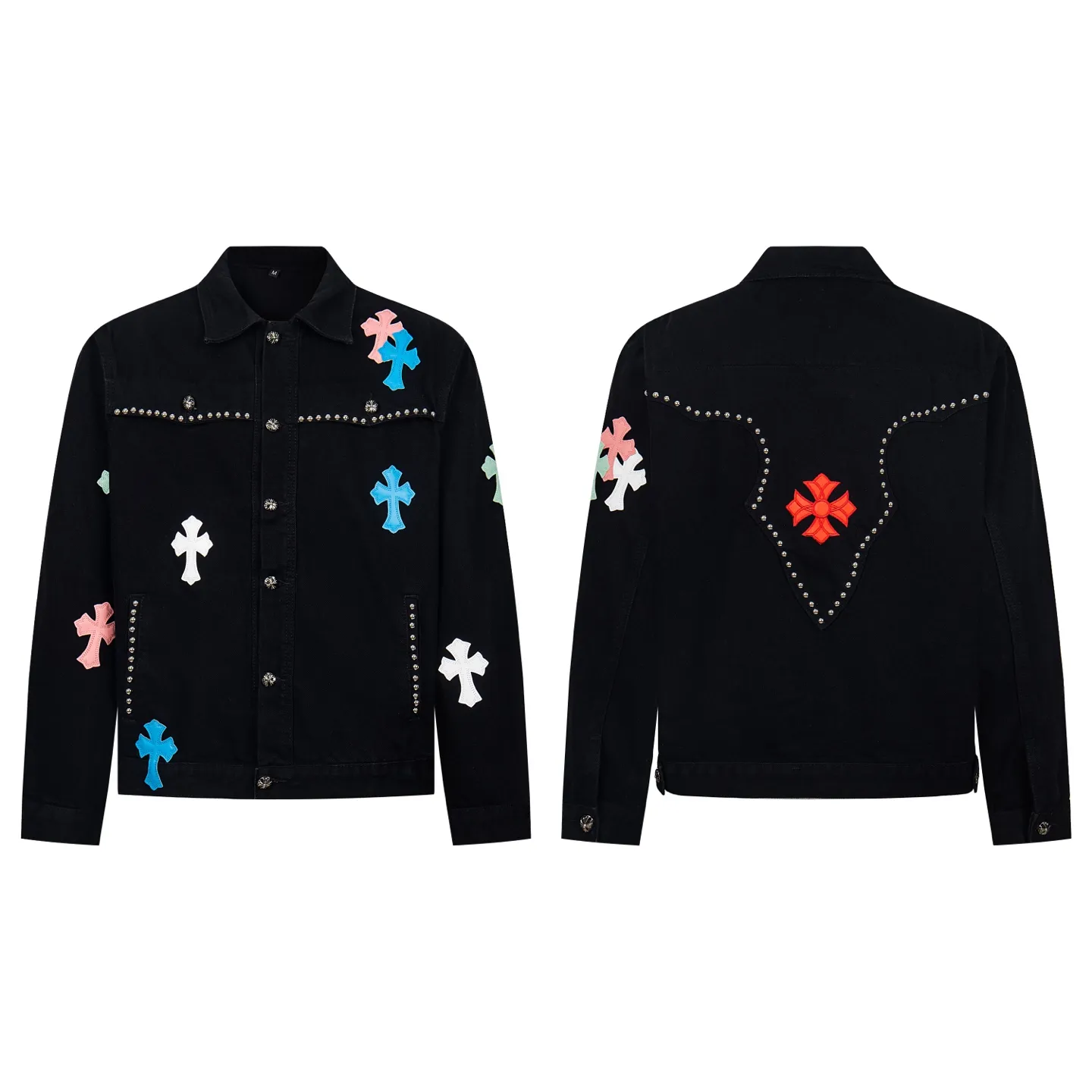 P280 Chrome Hearts Chrome Hearts heavy-duty denim jacket with rivets and multiple farts. The same model as the Internet celebrity star. The cross-printed denim jacket has a unique cross design element and is full of design. It is made of 100% denim cotton fabric with heavy coarse yarn count, which ensures a stiff and tough silhouette while being soft, comfortable and breathable. The lapel is designed with silver buttons and is full of texture. The classic white cross logo is all over the dress, making it a perfect versatile style for spring and summer! The original loose version is made of high-quality pure cotton fabrics. The fabric pattern is high-definition and delicate without burrs. It is comfortable and breathable to wear. All the buttons are molded and customized. It is casual and fashionable and can be matched with any bottoms. It can be windproof and sunproof in spring and summer. It can be worn outside in autumn and winter! Easily concave shape makes you look slimmer and taller, perfect for both men and women! Style number: 1764# Color: Black Size: S M L XL